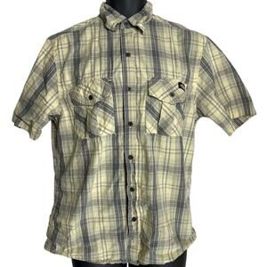 Dickies Shirt Men M Yellow Gray Plaid Button Up Pockets Short Sleeve 100% Cotton
